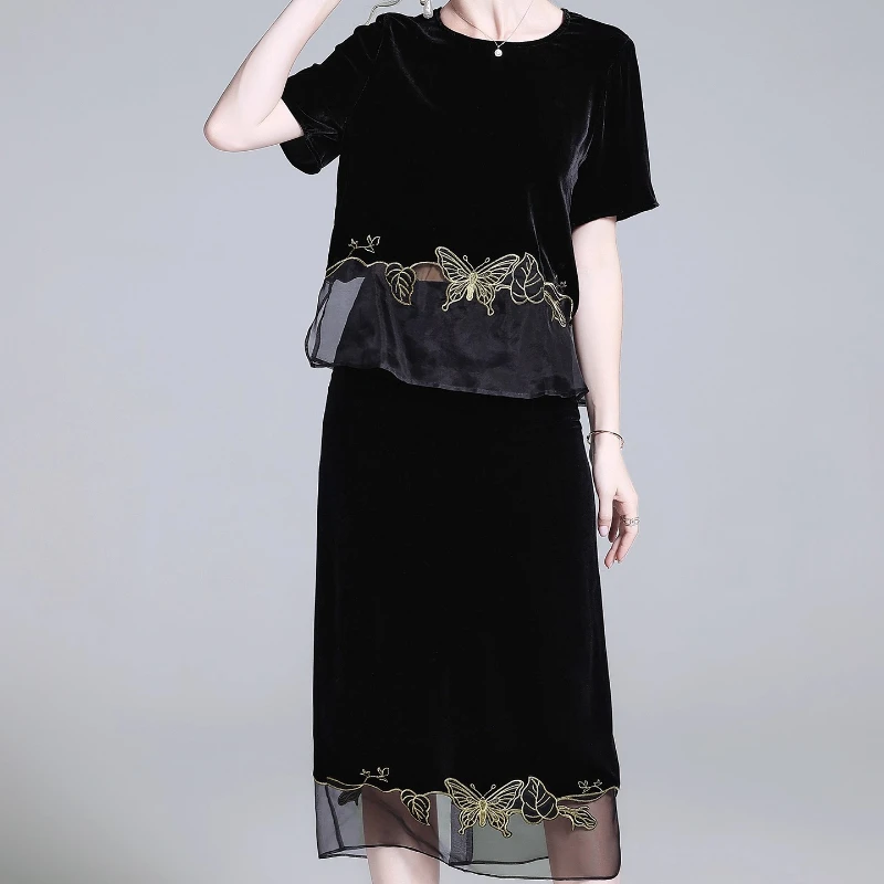 욜란페어리 실크 벨벳 여성용 수트 드레스 가을 패션 출퇴근 자수 라운드넥 티셔츠 실크 수트 세트 스커트 2025