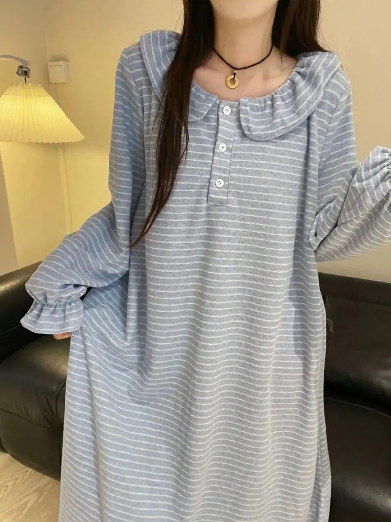 autumn winter Women's pajamas fleece-lined keep warm minimalist stripe Sleepwear leisure long style nightdress girl homewear