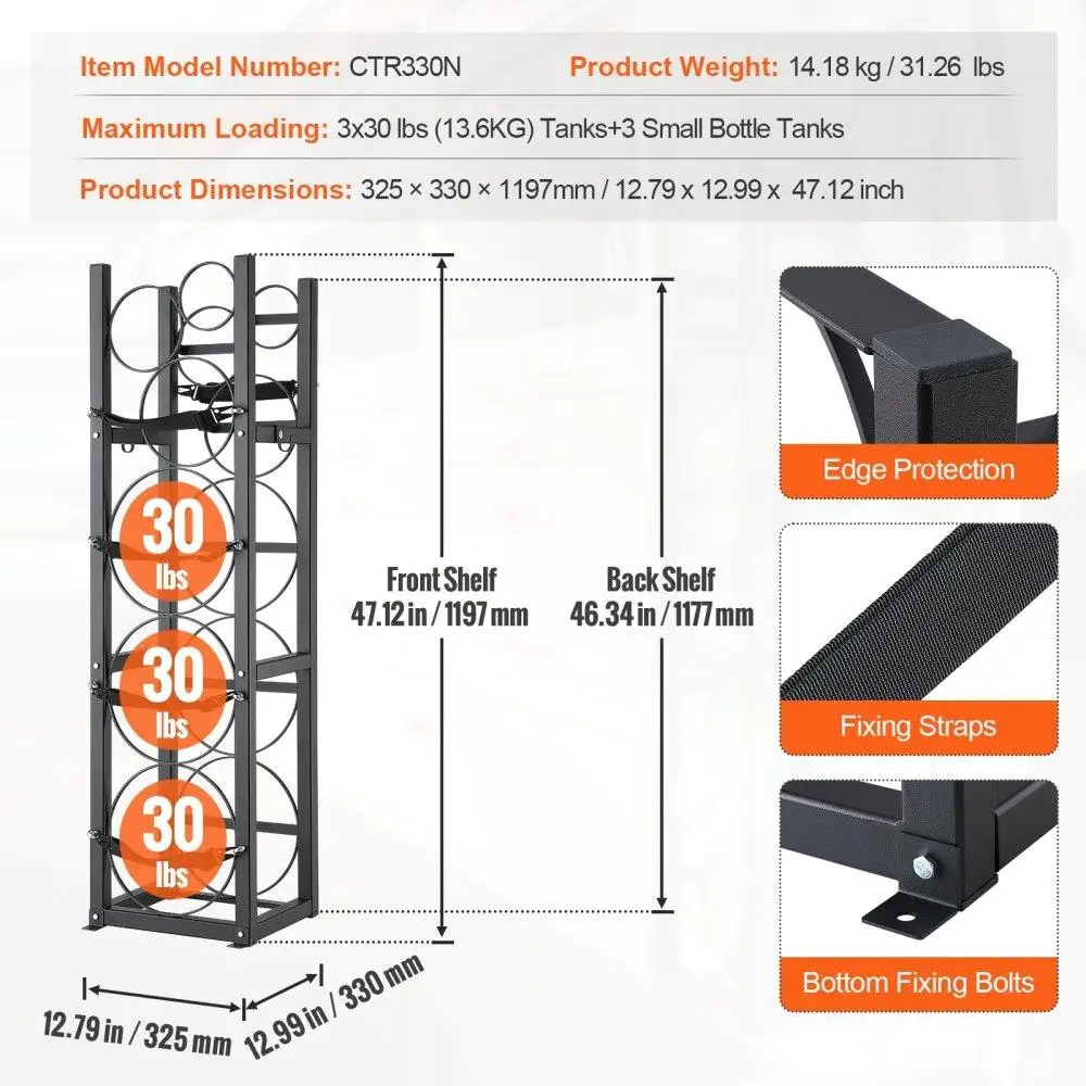 Refrigerant Cylinder Rack for 3 x 30lbs & 3 Small Tanks - Heavy-Duty Holder for , Oxygen, Nitrogen - 12.79x12.99x47.12