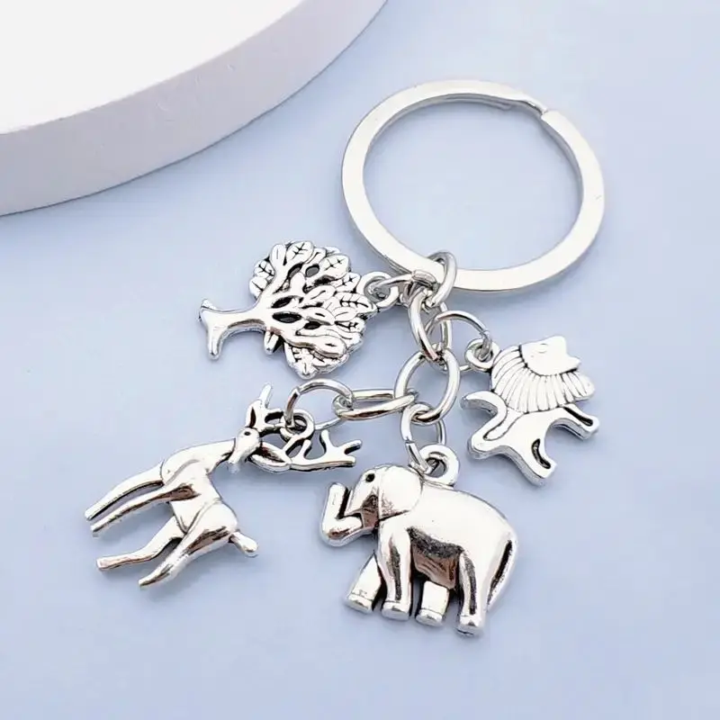 Funky Zinc Alloy Keychain Charms Unplated Precious Metal Forest Animal Inspired Designs Deer Elephant Lion Creative DIY for Keys