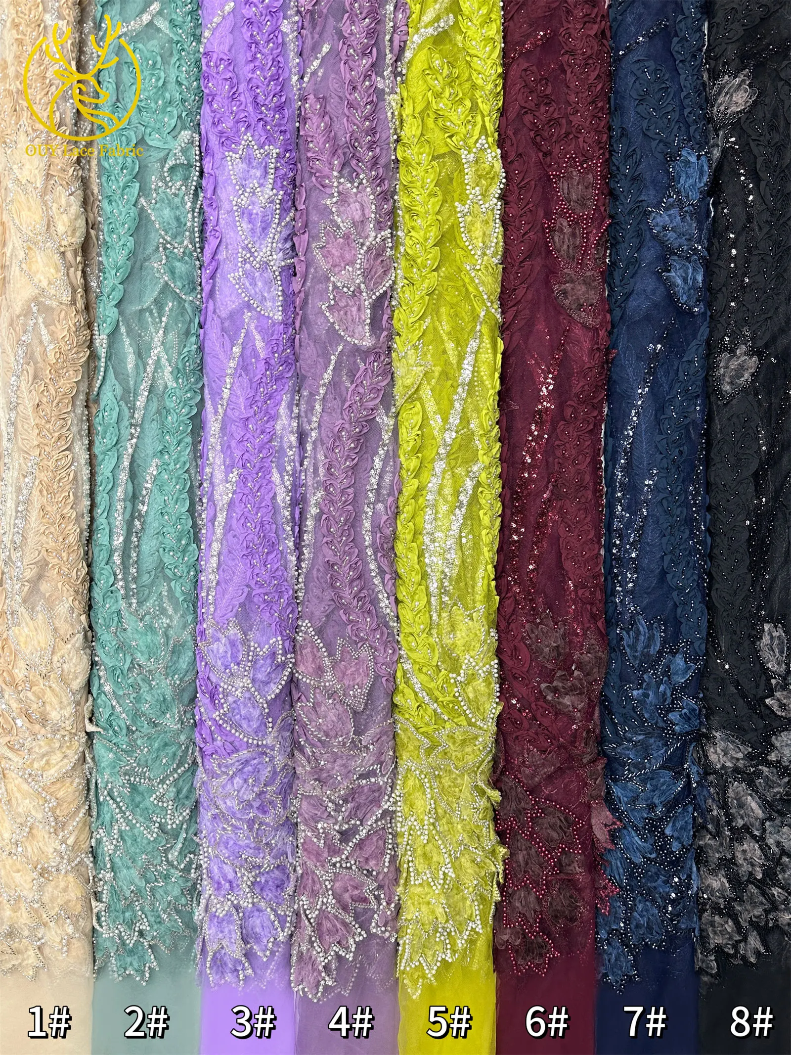 Französischer Luxus 3D-bestickter Perlen-Spitzenstoff, 5 Yards, eleganter afrikanischer nigerianischer Pailletten-Spitzenstoff für Damen, Hochzeits- und Partykleid – Detail 25