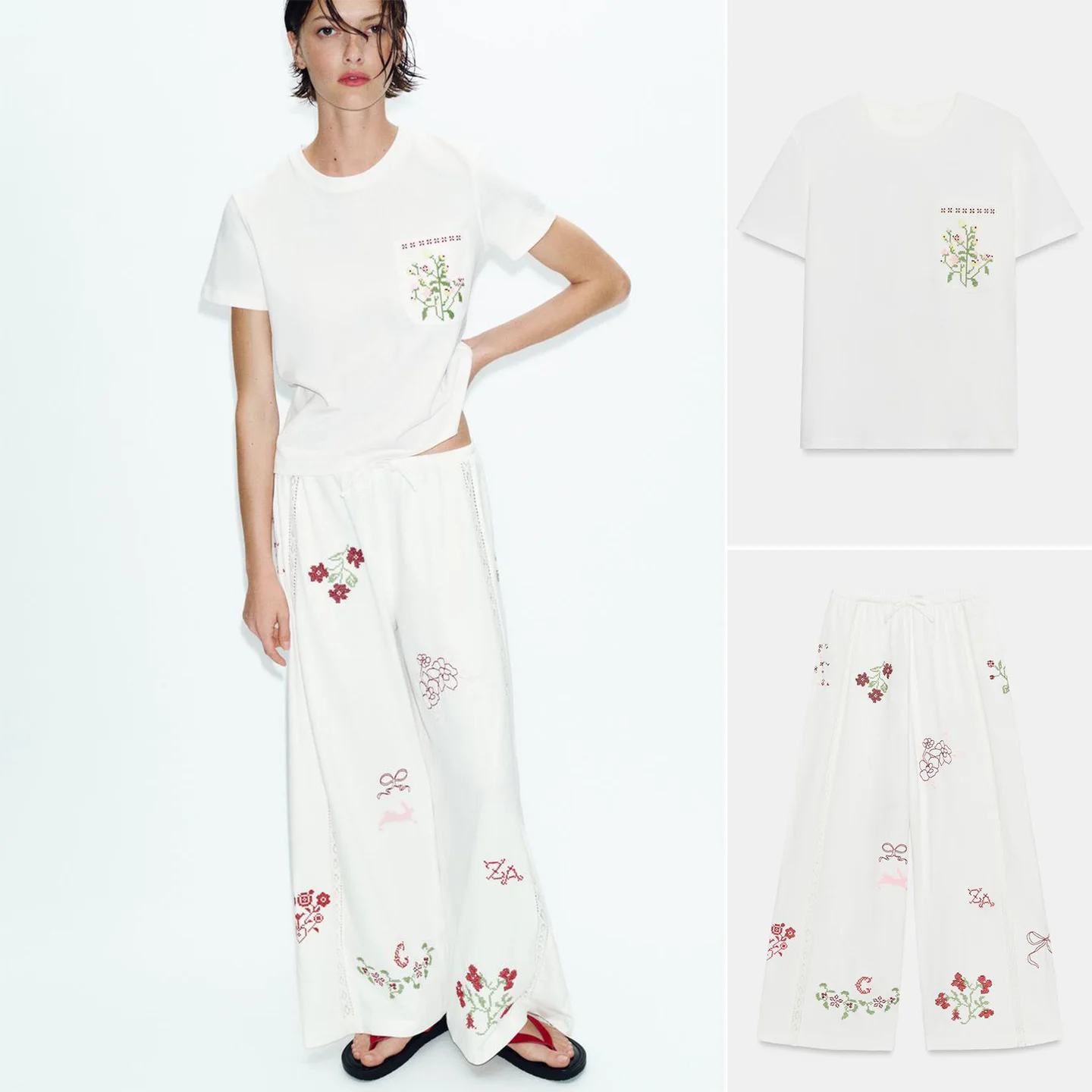 

Вышитая декоративная футболка с коротким рукавом и круглым вырезом, облегающие брюки с завязками, модный комплект для женщин, весенний наряд