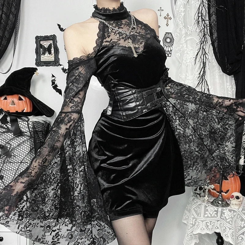 

Gothic Lolita Velvet terne Devil Witch loween Costume ort Skirt Sexy Lady Sle High Waist Bodycon Dr for Women