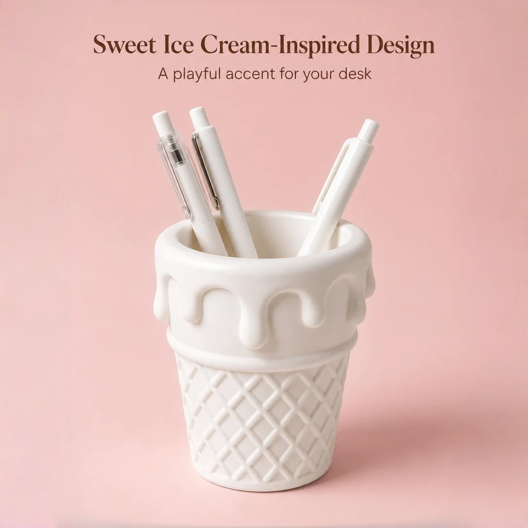 Girly Style Cream Ice Cream Pen Holder, Simple White Desktop Stationery Organizer, Unique Desktop Decoration for Office and Dormitory