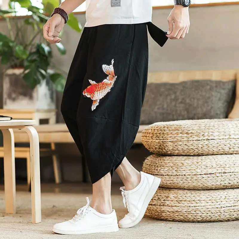 

2022 Summer Men Carp Embroidery Jogger Pants Japanese Style Cotton Linen Harajuku Harem Pants Youth Casual Pants Male Costume