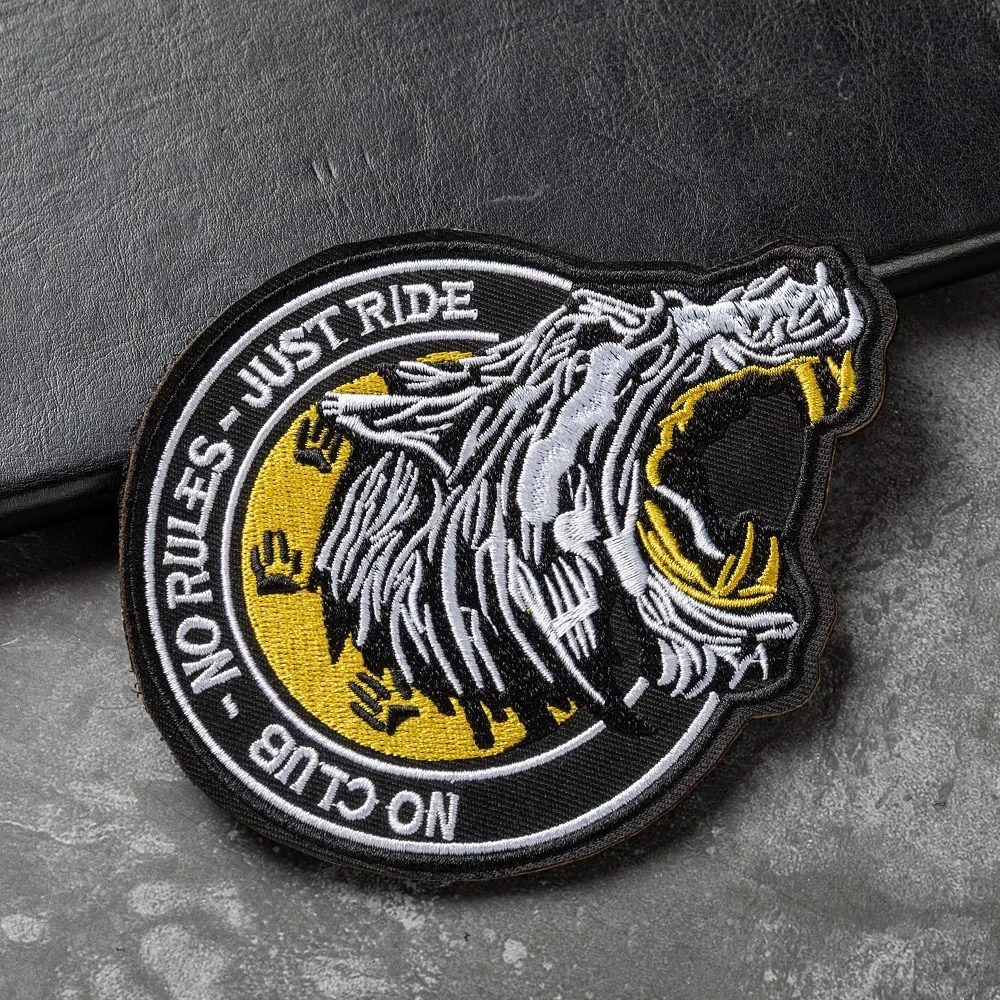 NO CLUB - NO RULES - JUST RIDE - Embroidered Roaring Wolf Graphic Tee and Jacket with Backpack Hook and Loop Patch