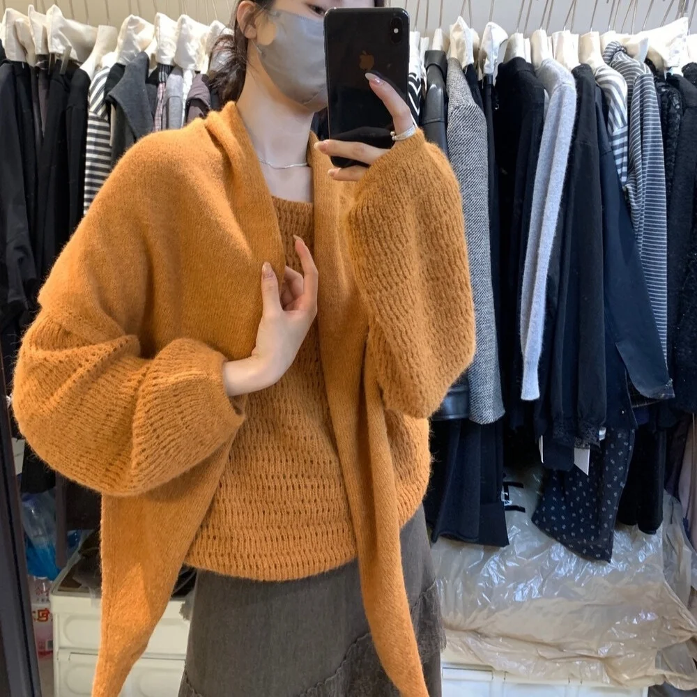 

Korean Chic V-Ne Long Sve Knitted Loose Top with awl Two-Piece Set Women's Faion Autumn Winter Simple Lazy Sle