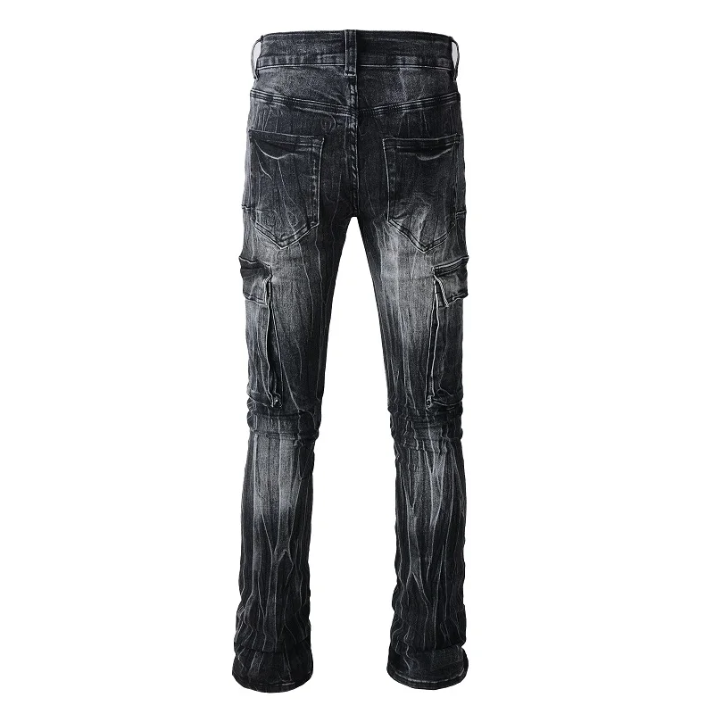 New Mens Carpenter Style contrast Gray Flare Splice Pockets Pants Bootcut Spliced Streetwear Flared Washed Black Denim Jeans