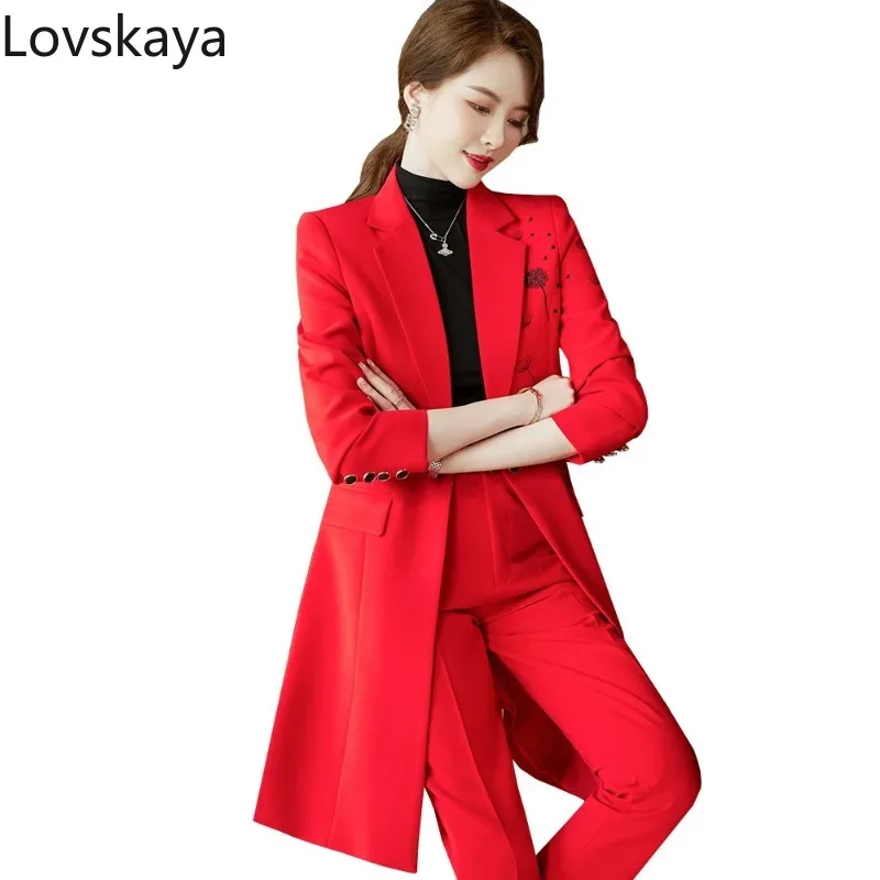 

Women Long Jacket and Trouser 2 Pieces Autumn Winter Work Business Wear Pant Suit Red Black Blazer Set Office Ladies