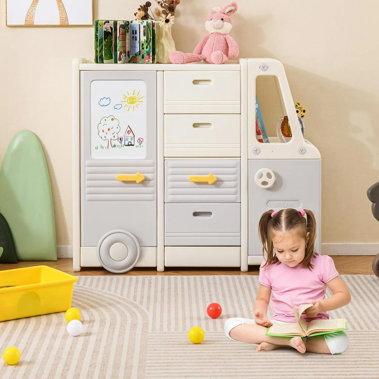 Kids Toy Storage Organizer, Bus-Shaped Children Cabinet w/ 4 Pull-Out Drawers with Handles, Large & Small Cabinets, Spacious Countertop, Storage Organizer for Playroom, Classroom, Daycare