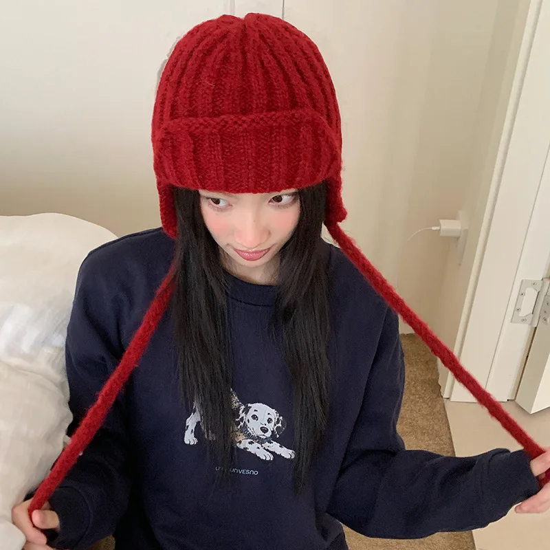New Knit Earflap Beanies for Women Long Braided String Solid Red Color Winter Warm Soft Knitted Cap Korean Sweet Style Daily Hat
