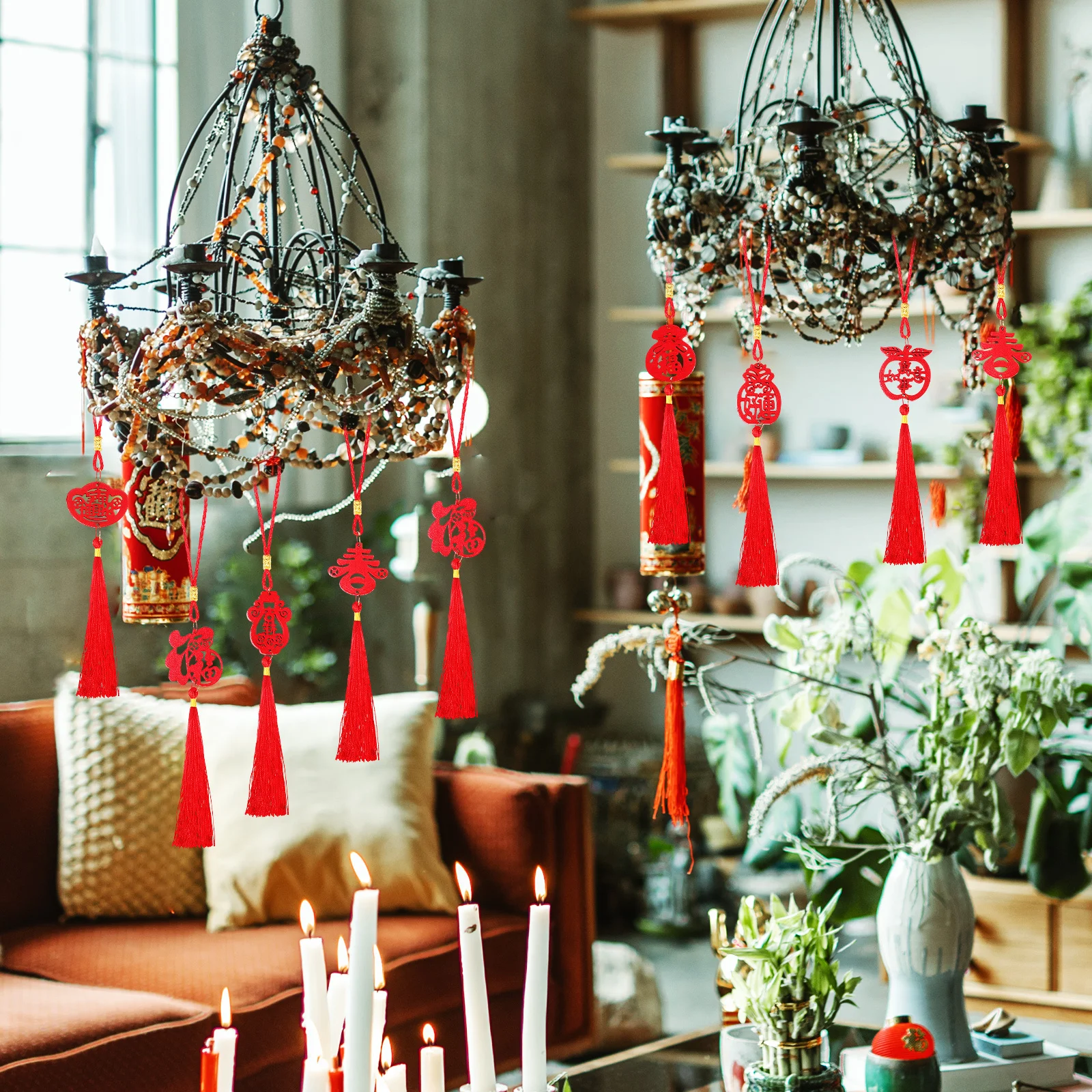 

8 pcs Bonsai Pendants Chinese Style New Year Hanging Decor For Window Wall Tree Festival Party Lucky Ornament Spring Festival