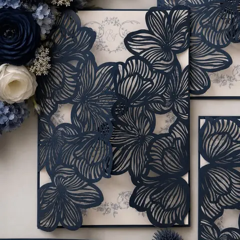 50pc Laser Cut Petal Wedding Invitation Jacket 5.1x7.1inch, No Print Paper