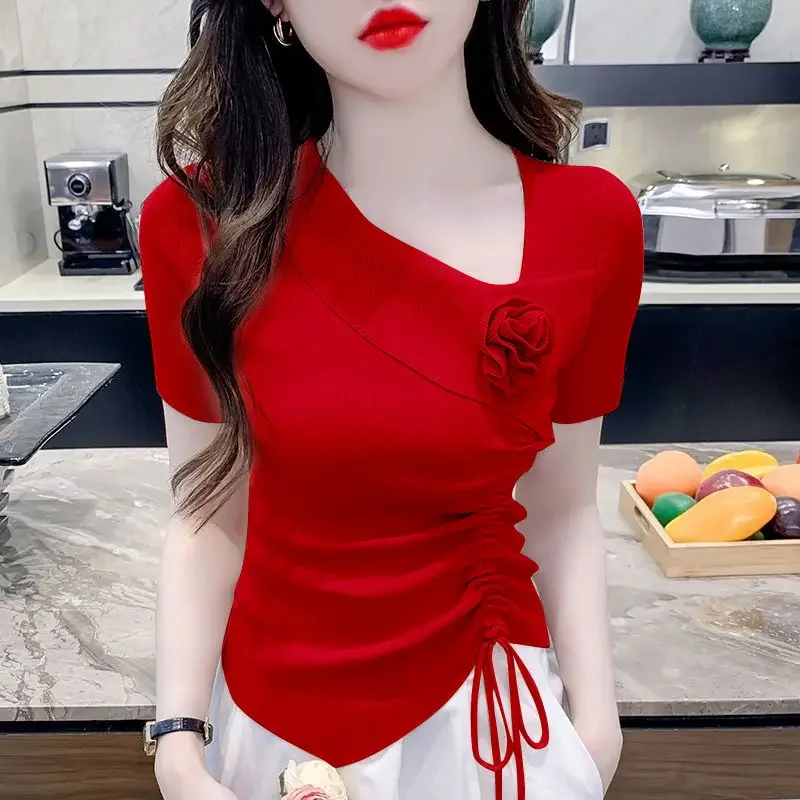 Drawstring 3D Flower Short-sleeved T-shirt 2024 Summer New Women's Outfit Irregular Folds Slim-fitting Knitted Top