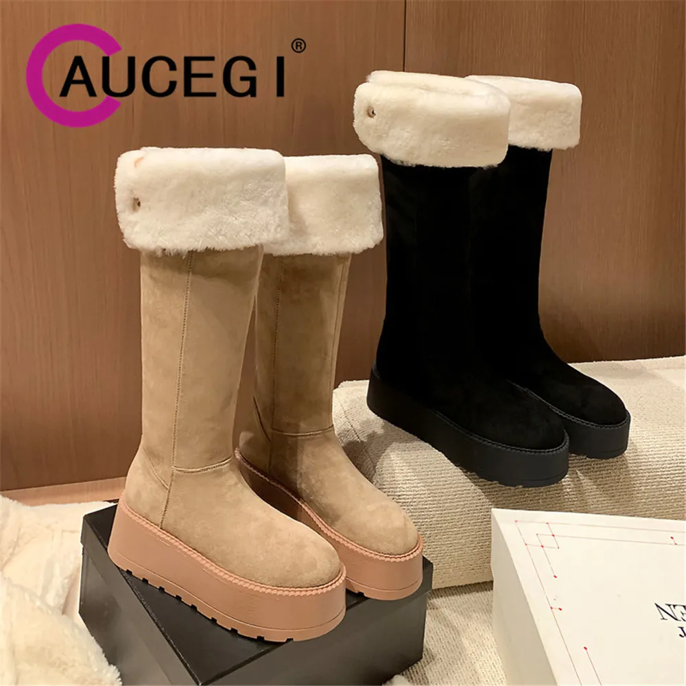 

Aucegi 2024 High Quality Cow Suede Warm Knee-High Boots Fashion Slip On Modern Female Platform Thick Sole New Round Toe Shoes