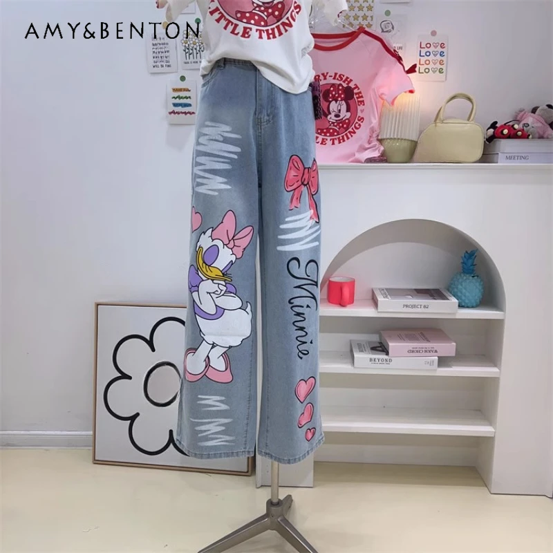 Korean Style 2024 Summer New Loose And Cute Cartoon Printed Wide Leg Jeans Women's Light Blue Long Casual Zipper Denim Trousers