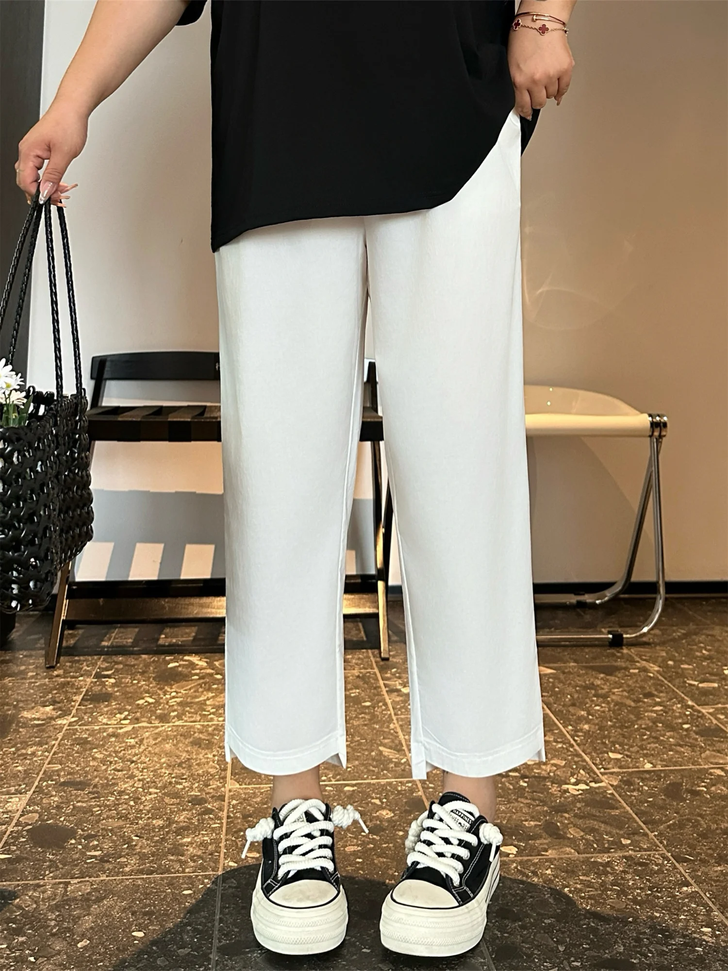 

Летние тонкие повседневные джинсы с высокой талией, прямые, свободные, укороченные, для полных женщин, удобные, дышащие