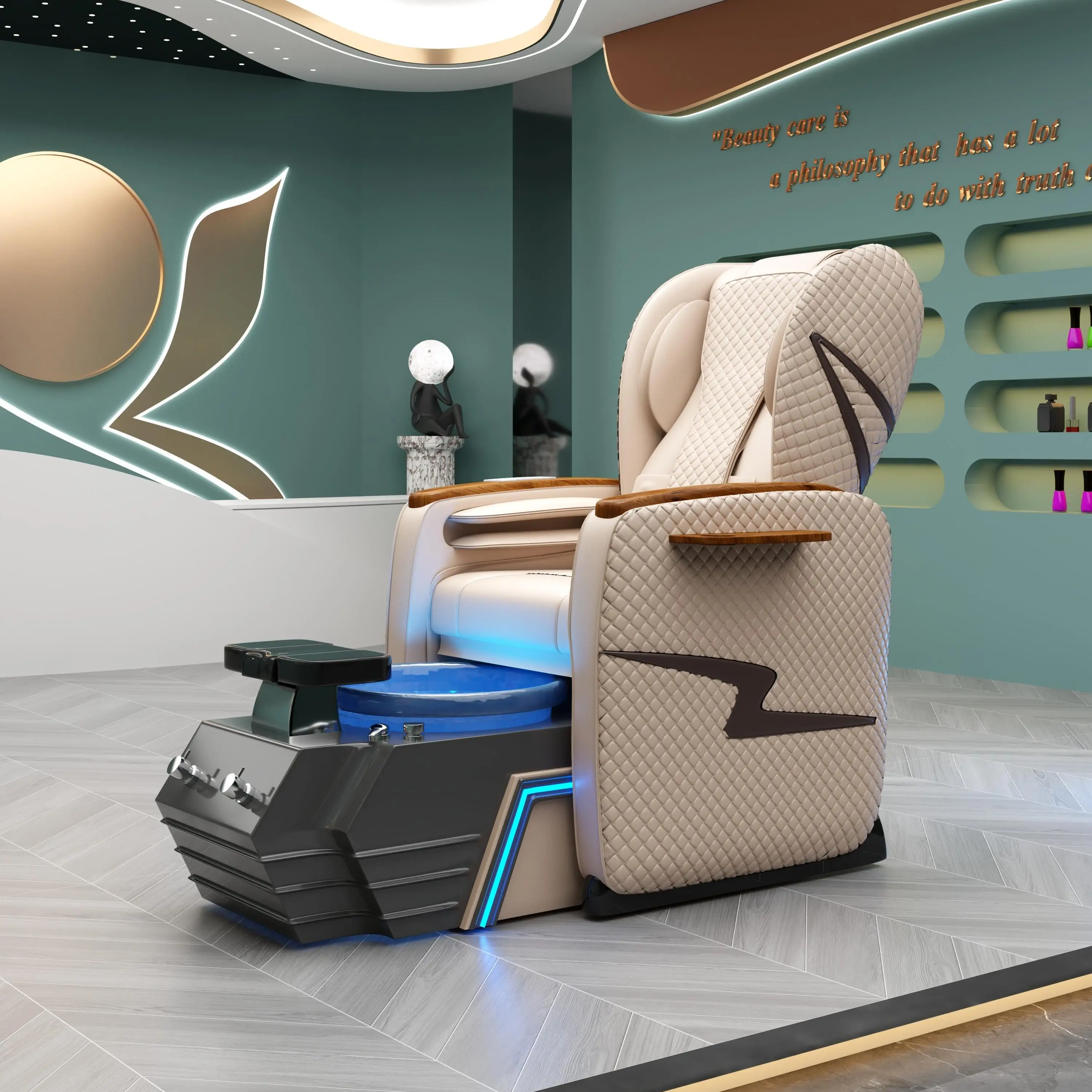 Czarne elektryczne krzesło do pedicure z masażem stóp, manipulatorem, podświetleniem, szklaną miską z efektem fali wodnej i pompą odpływową.