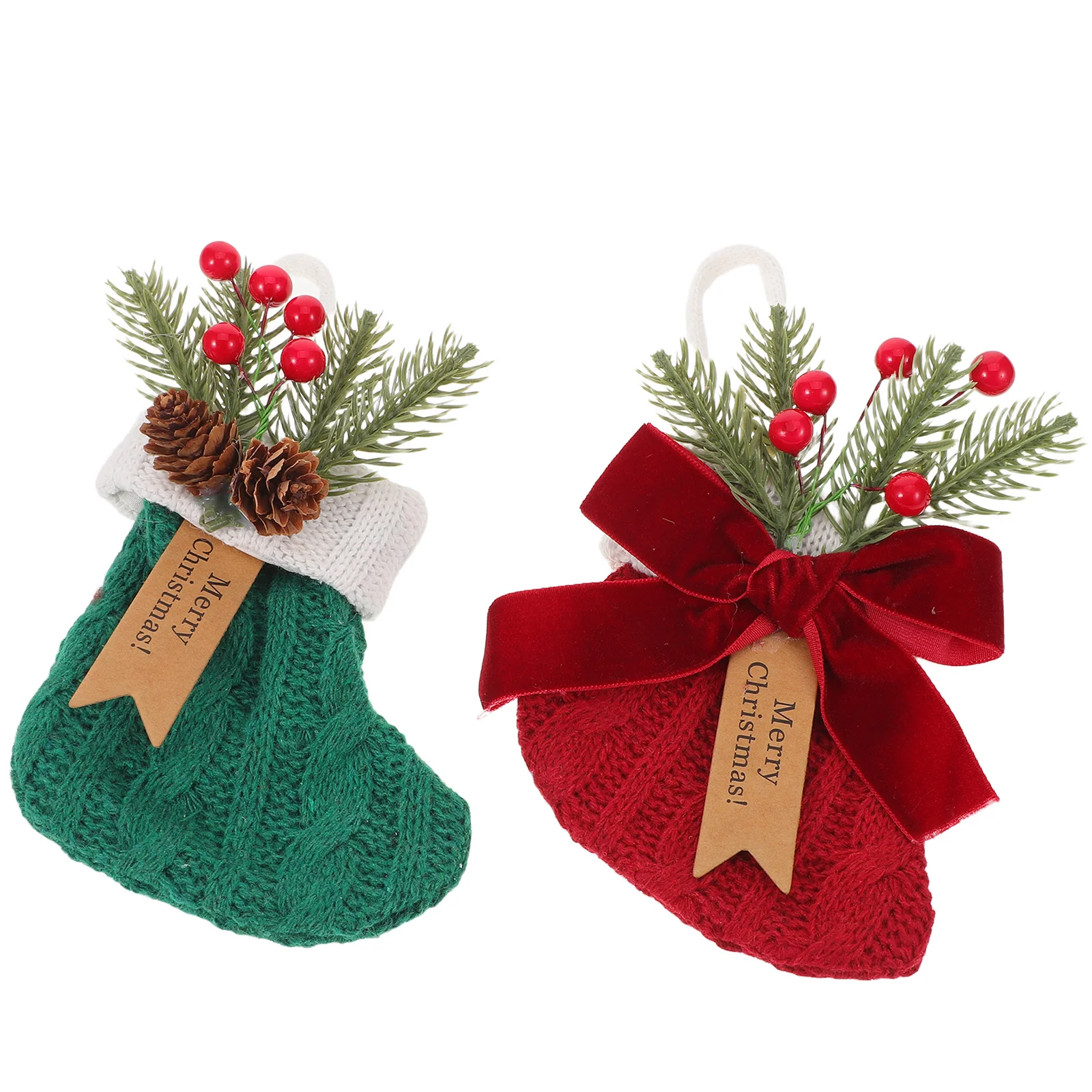 

2Pcs Christmas Stocking Ornaments Knitted Santa Boots Snack Holders Small Xmas Tree Hanging Pendant Holiday Decor