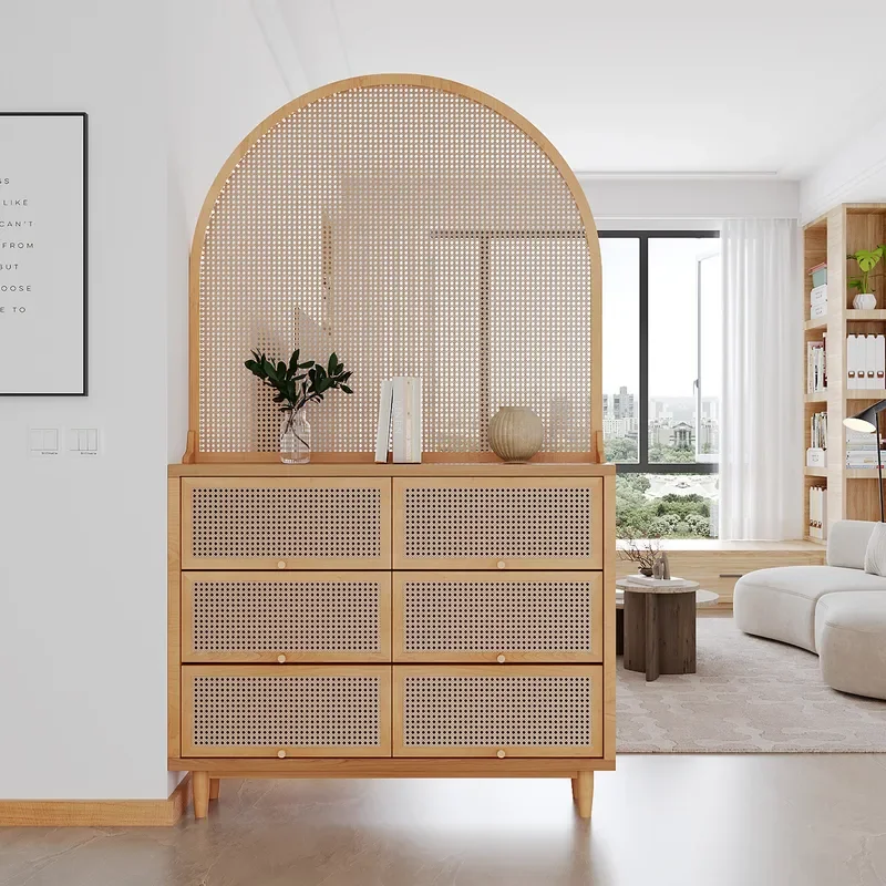 for Japanese Style All Solid Wood Simple Living Room Entry Rattan Screen Cabinet Shoe Cabinet Foyer Cabinet Storage