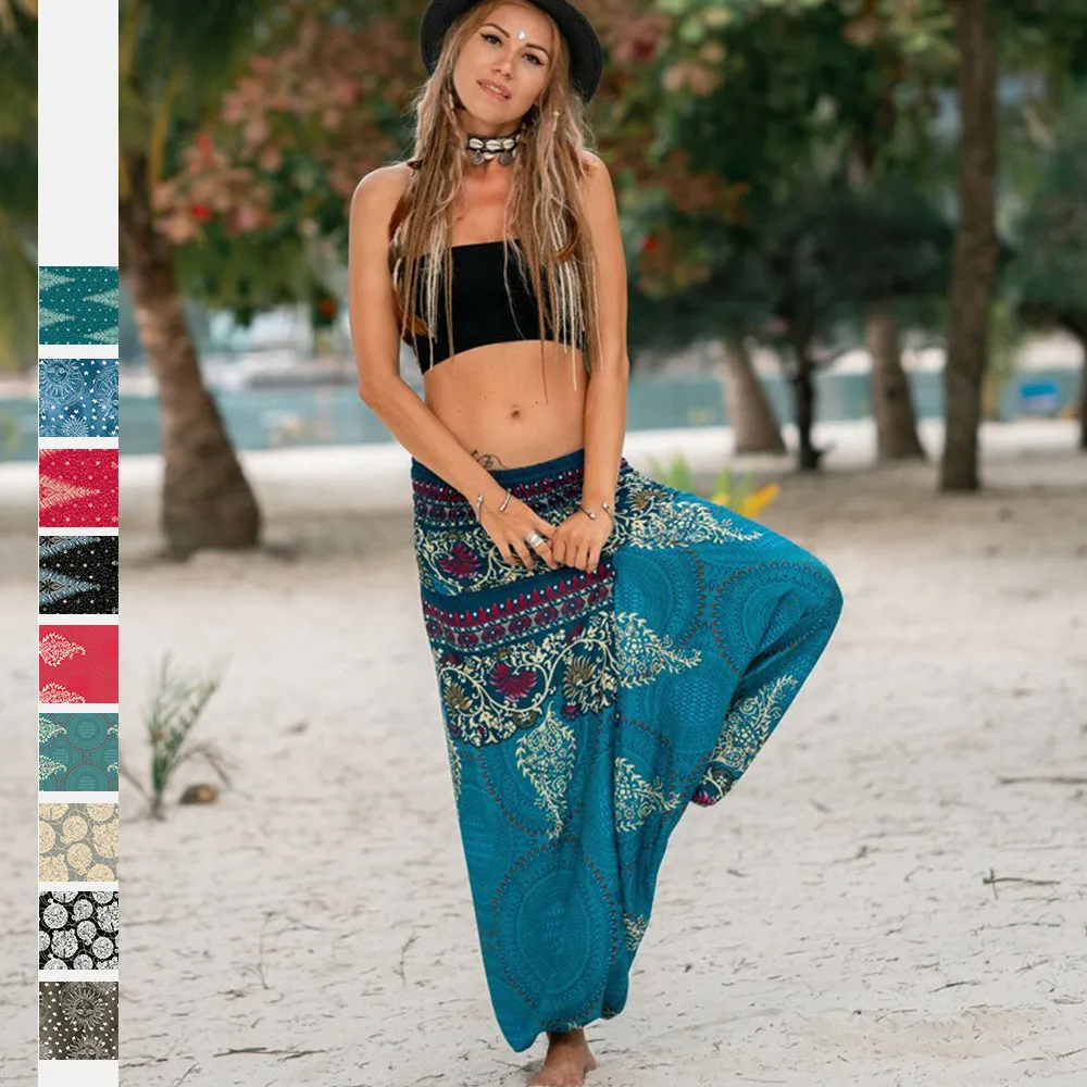 

Bohemian Feather Lattice Pattern Print Women's Casual Yoga Hanging Crotch Bloomers Sports Dance Pants Summer Girl Loose Trousers