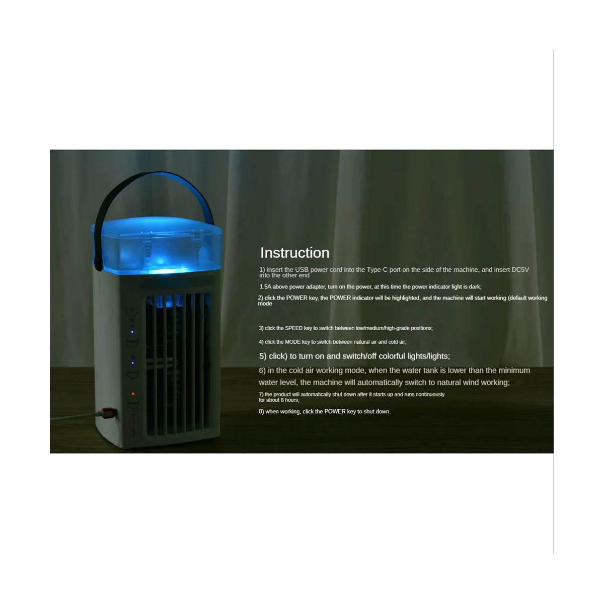 Portable Air Conditioner Fan 3 in 1 Desk Air Cooler and Humidifier with 3 Fan Speeds and 7 Colors LED Light for Bedroom