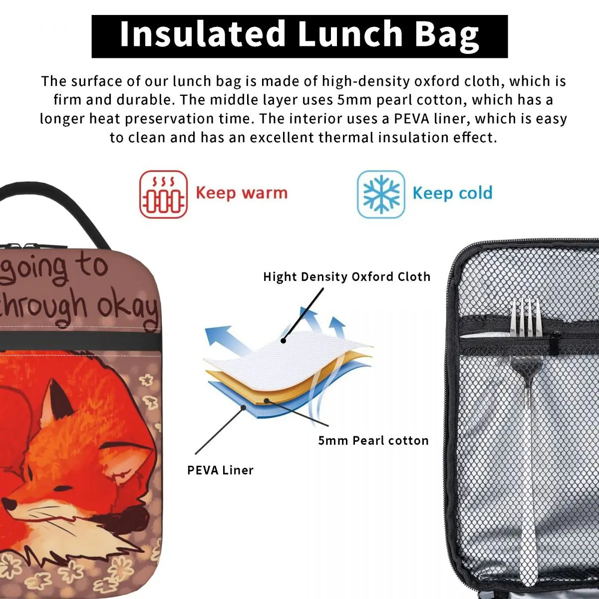 We're Going To Make It Through Okay Sleeping Flower Fox Insulated Lunch Bag Children Portable Food Boxes Thermal Lunch Box Tote