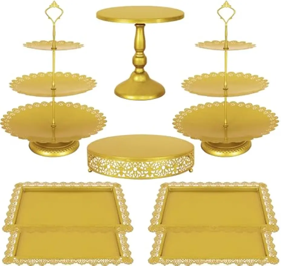 

8-Piece Gold Metal Cake Stand Set, 3-Tier Cupcake Display Tower with Cookie Tray for Parties and Events