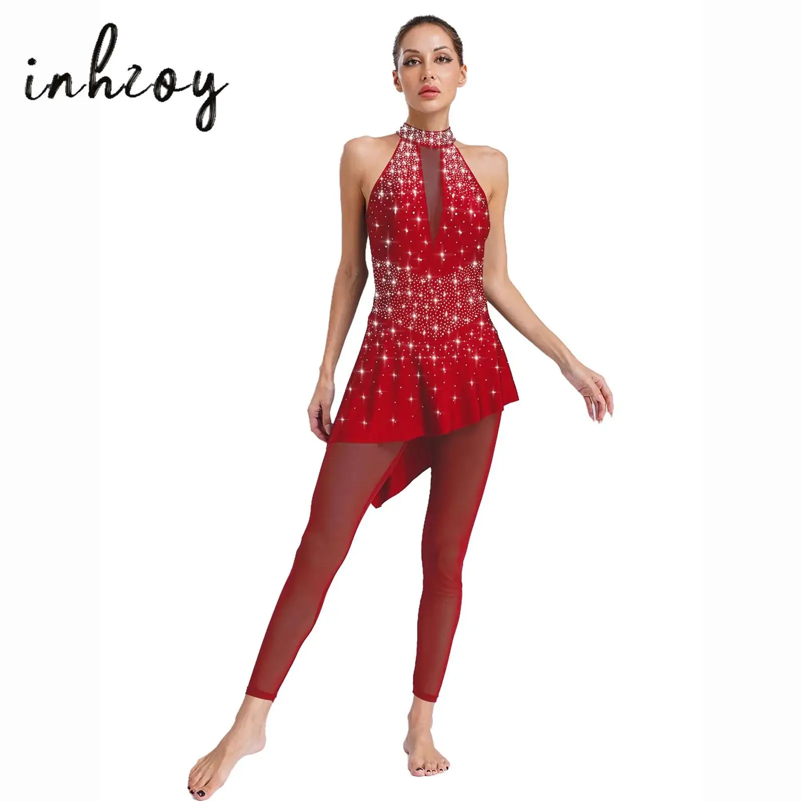 

Womens Gymnastics Figure Skating Dance Costume Shiny Rhinestones Sleeveless Sheer Mesh Patchwork Irregular Skirted Jumpsuit