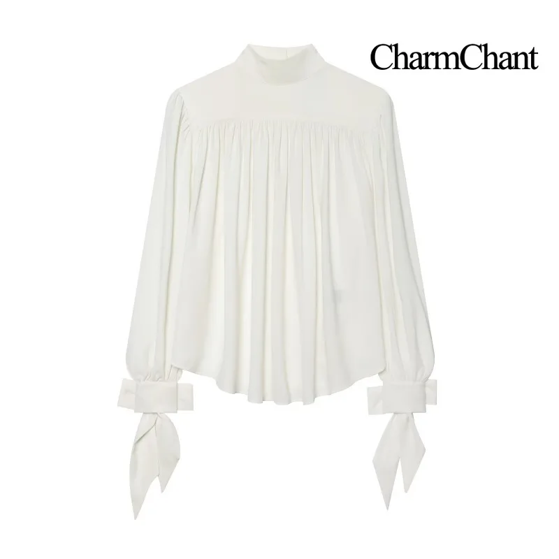 CHARMCHANT Women's Mock Neck Gathered Blouse Long Puff Sleeve Bow Tie Cuff Button Back Shirt for Daily Club Wear Fall 2026
