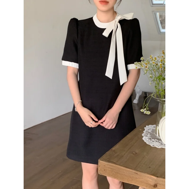 

Korea Chic Bow Collar Small Fragrance Women Dress Summer Fashion Contrast Simple Black White Loose Short Sleeve Sweet Lady Dress