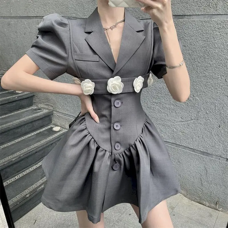 Mini Dress Women Fashion Puff Sleeve Notched Fluffy Dresses 2024 Summer New Trend Design Playsuits Flower Strap Two Piece Set