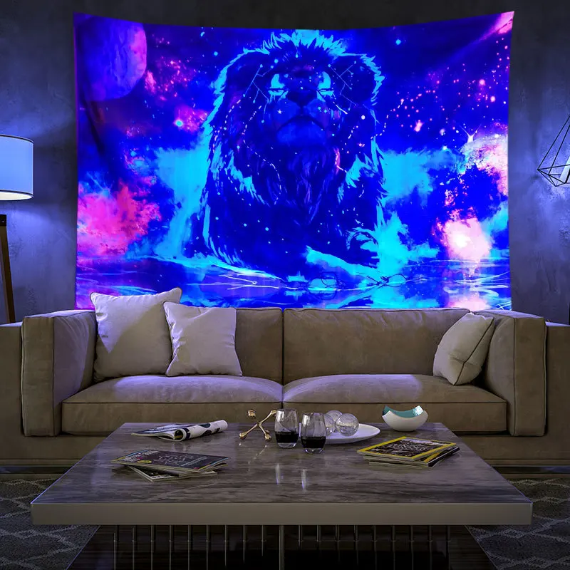 Ultraviolet Uniqued Fluorescent Tapestry Lion Wolf Psychedelic Art Tapestry Wall Hanging Blanket Decorative Wall Rugs Room Décor