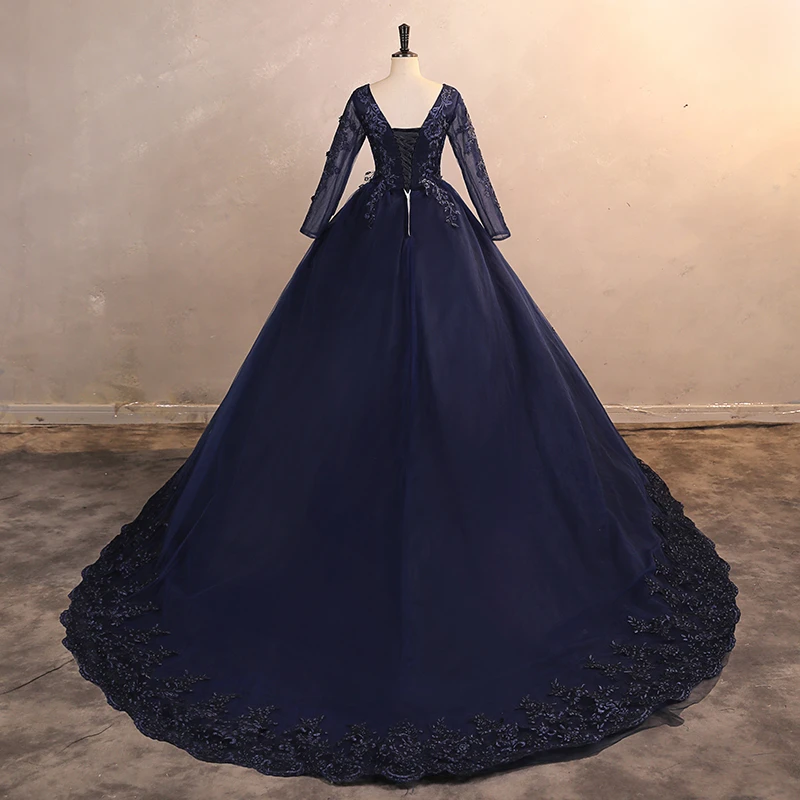 Auf Lager Marineblaues Partykleid mit Schleppe Günstige 15-Quinceanera-Kleider Langarm Formelles Abendkleid Günstiges Kleid Maßgeschneidert