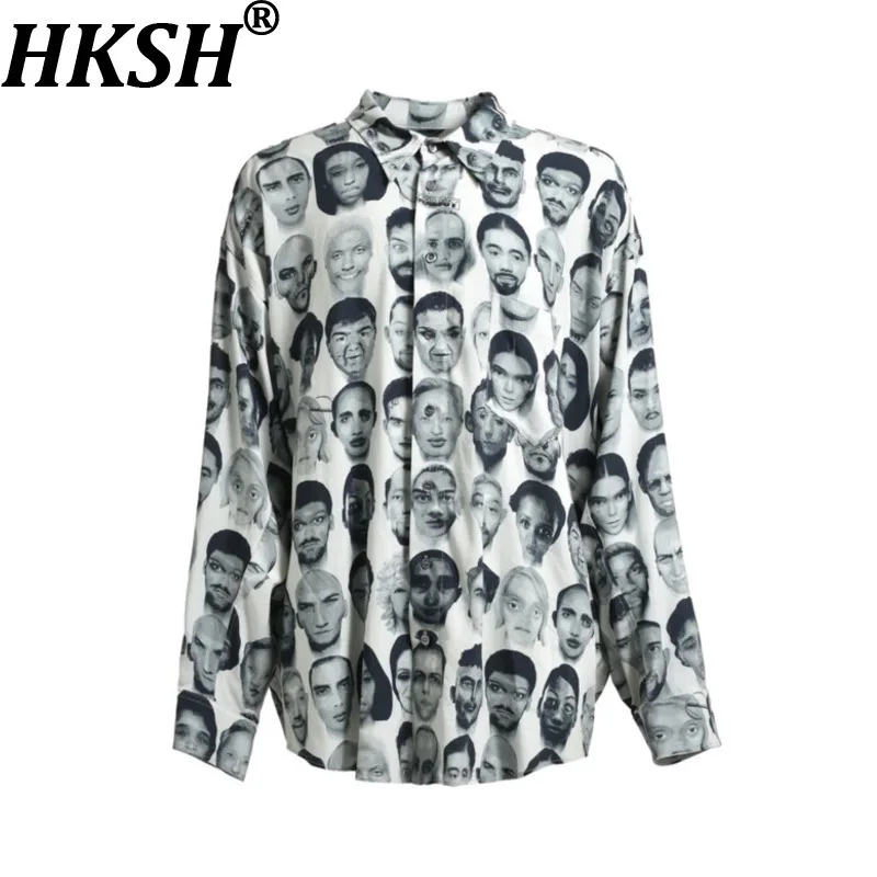 HKSH Spring Autumn New Men Tide Vintage Niche Portrait Print Long Sleeve Shirt Draped Loose Chic Casual Fit Oversized Top HK6440