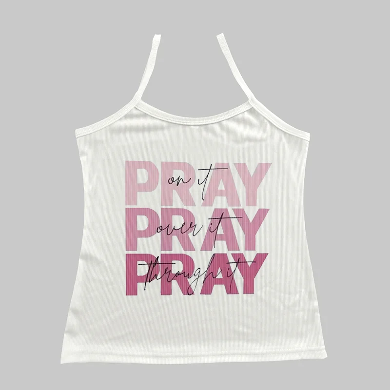 Women Y2k Sexy Crop Tops PRAY Letter Print White Sling Short Tank Top Summer New Style 2000s Spicy Girl Sleeveless Cropped Vest