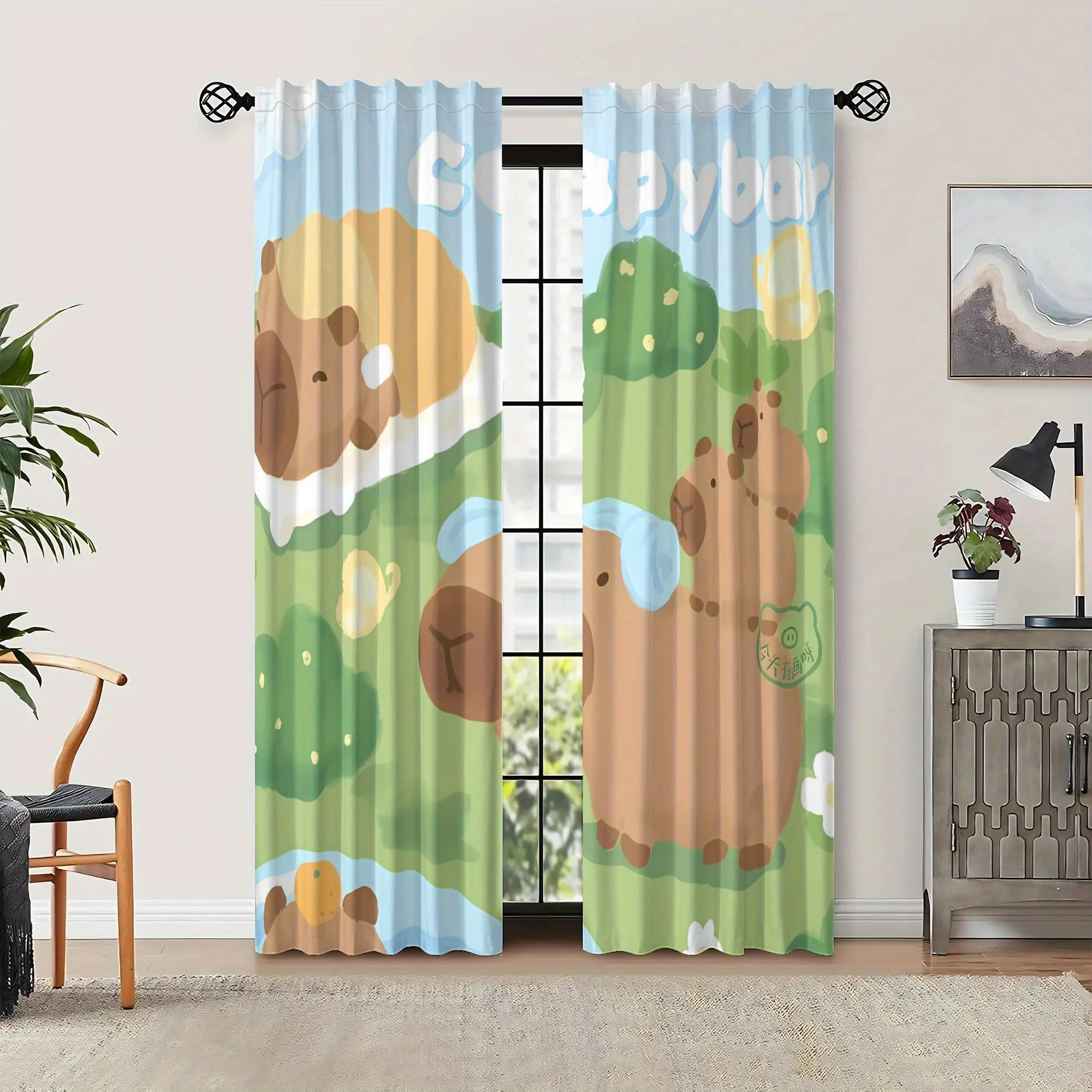 Cute Capybara Curtain, Cartoon Animal Window Drape, Green Nature Blackout Panel, Kids Bedroom Nursery Home Decor