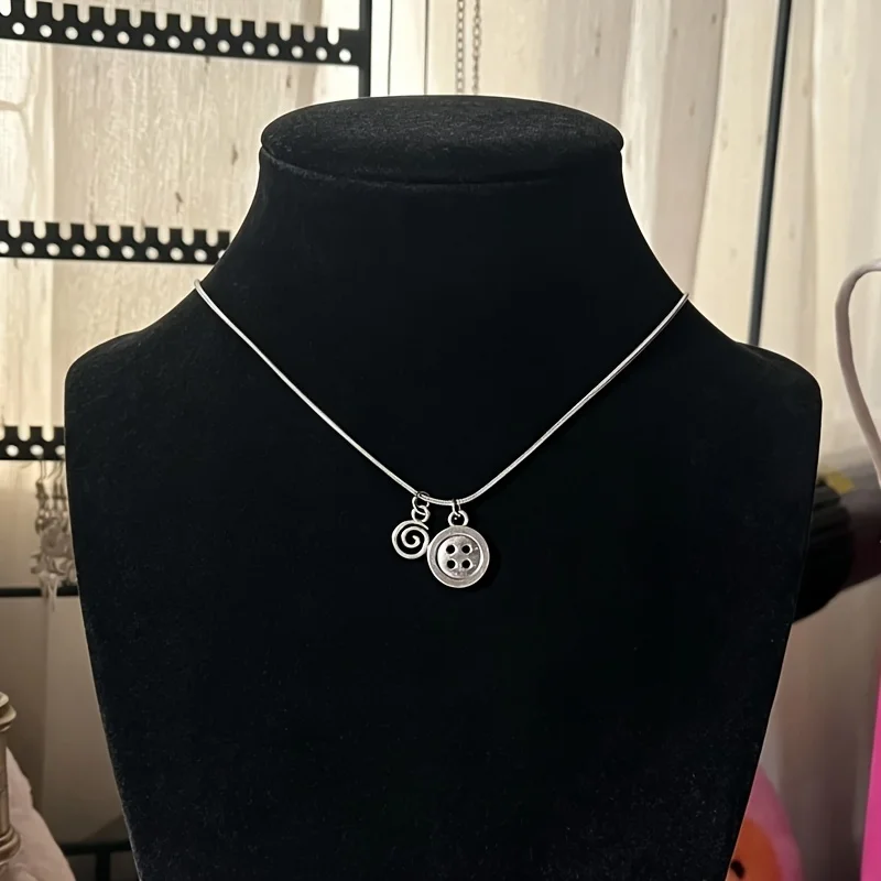 Vintage Button Swirl Stainless Steel Necklace Alloy Pendant Handmade Jewelry Sewing Tailor Gift for Seamstress