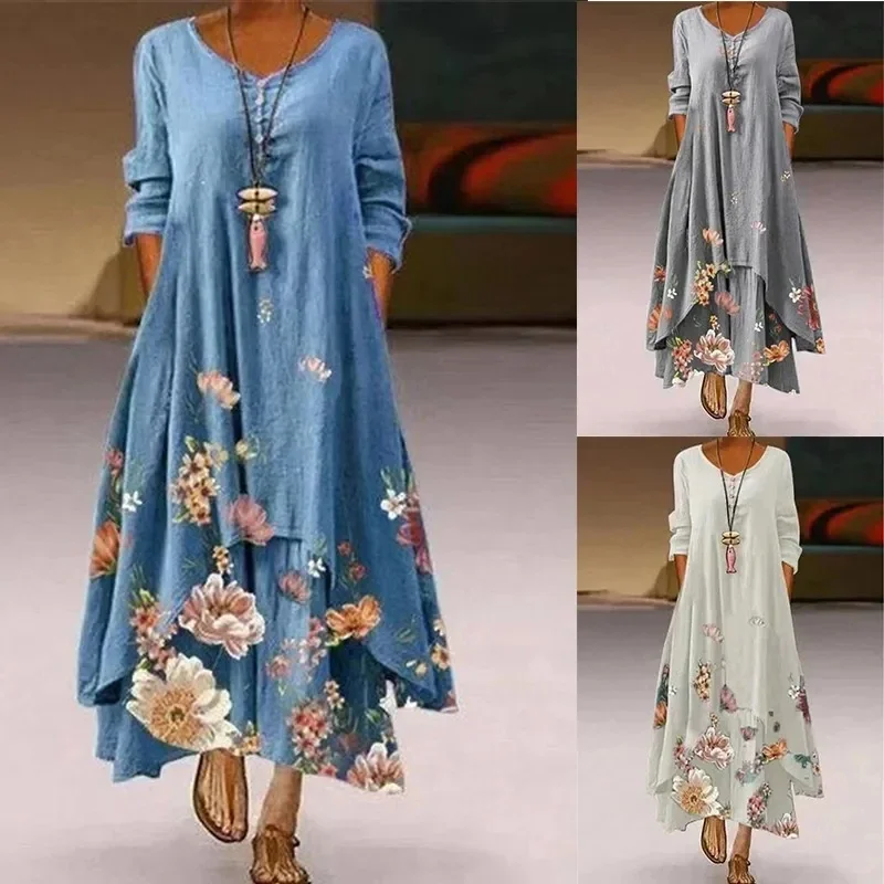 

50090908European and American style temperament new popular printed long-sleeved dress women's hem irregular long nightdress