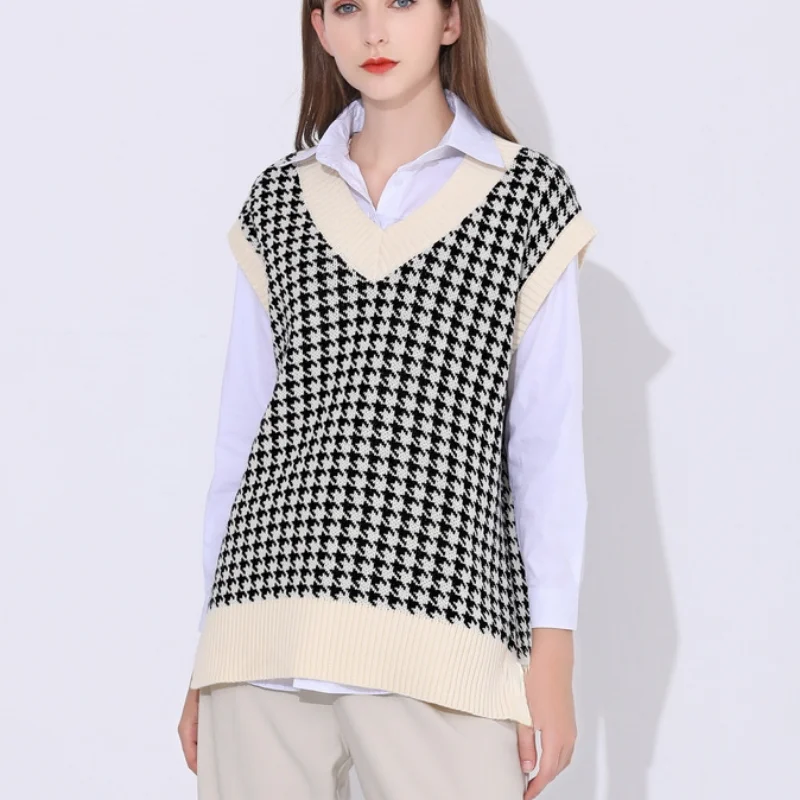 Autumn Fashion Loose Houndstooth Knitted Vest Sweater Casual V Neck Sleeveless Thick Sweater Waistcoat Chic Tops Female 17502