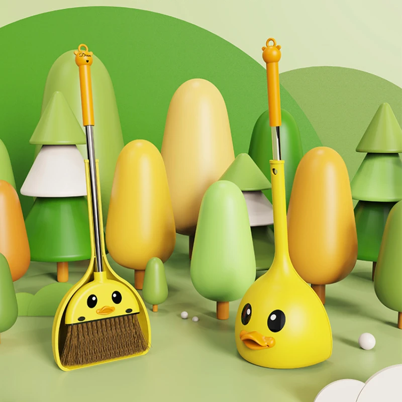 Children Broom & Dustpan Combination Cartoon Little Yellow Duck Pattern Light Broom and Dustpan Floor Cleaning Cleaning Tools