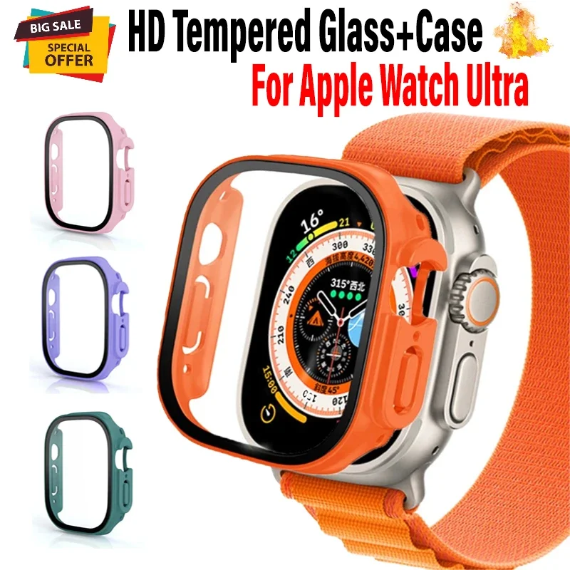 HD الزجاج المقسى + حافظة لساعة أبل الترا 3 49 مللي متر PC الوفير + واقي للشاشة غطاء iWatch Ultra 2/1 49 مللي متر قذيفة مقاومة السقوط