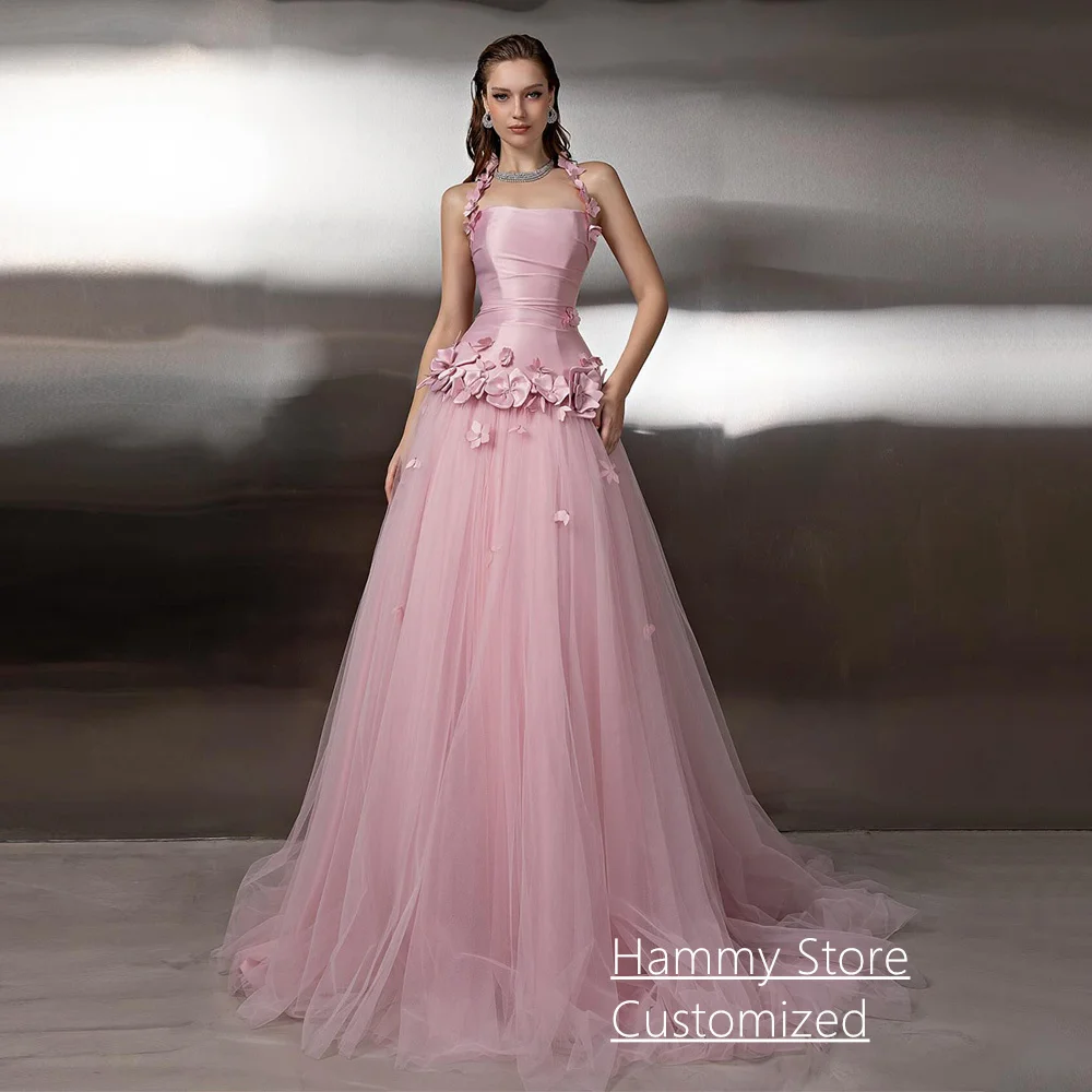 Vestido de noche de princesa personalizado Halter sin mangas flores 3d rebordear una línea tren de barrido Arabia Saudí vestido de fiesta desfile