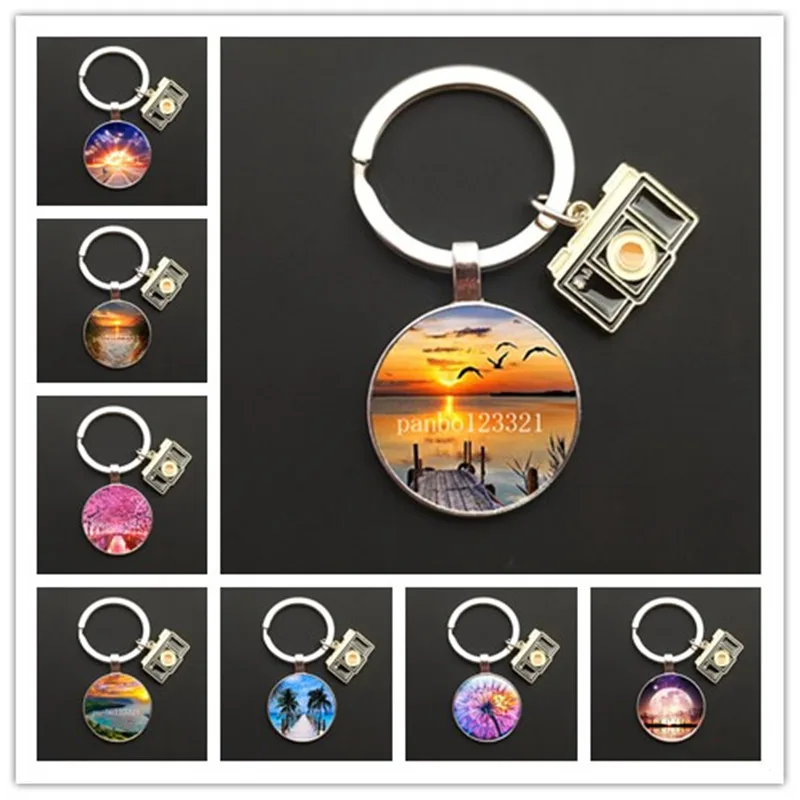 

2021 hot style painting sunset/love beach DIY cabochon keychain pendant keychain male and female car keychain exquisite jewelry