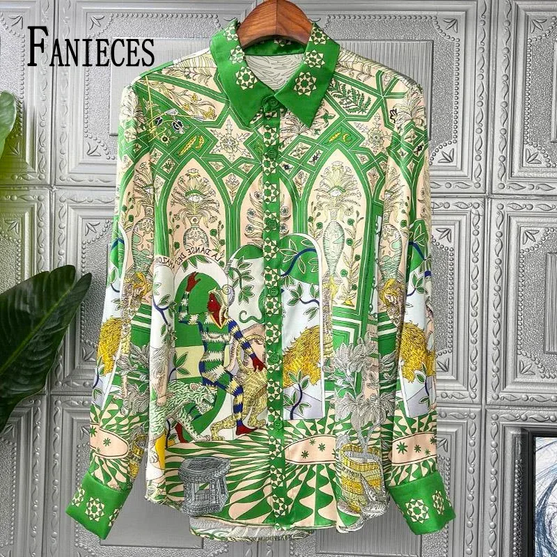 

FANIECES Green Women's Shirt Silk Blouse Cardigan Top Spring Autumn Long Sleeve 3XL Plus Size Vintage Shirt chemises et blouses