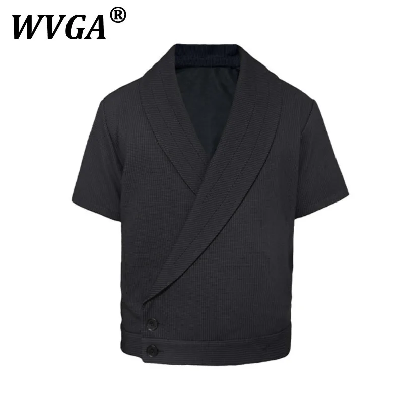 

WVGA Summer New Men Tide High Street Turn-down Collar Short Sleeve Shirts Plaid Jacquard Design Chic Casual Dark Shirt Top W8330