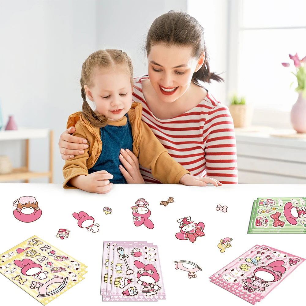 

8/16Sheets Kawaii My Melody Make a Face Puzzle Stickers Sanrio Children DIY Game Educational Toys Cartoon Assemble Jigsaw Decals