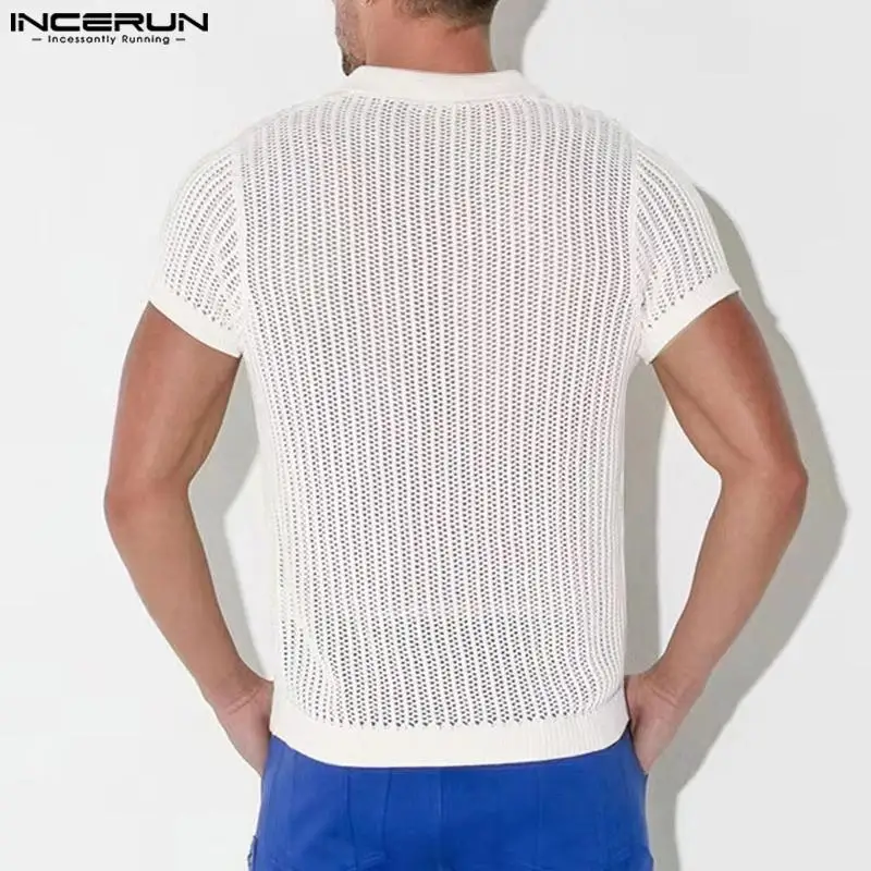 INCERUN 2024 Men Shirt Lapel Short Sleeve Mesh Transparent Streetwear Fashion Men Clothing Sexy Solid Color Casual Shirts S-5XL