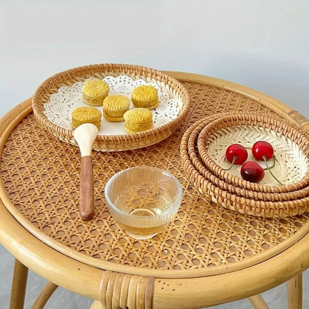 Multi-purpose 5 Sizes Bamboo Fruit Basket Round Shape Brown Beige Color Drying Tray Handmade Tea Snack Tray