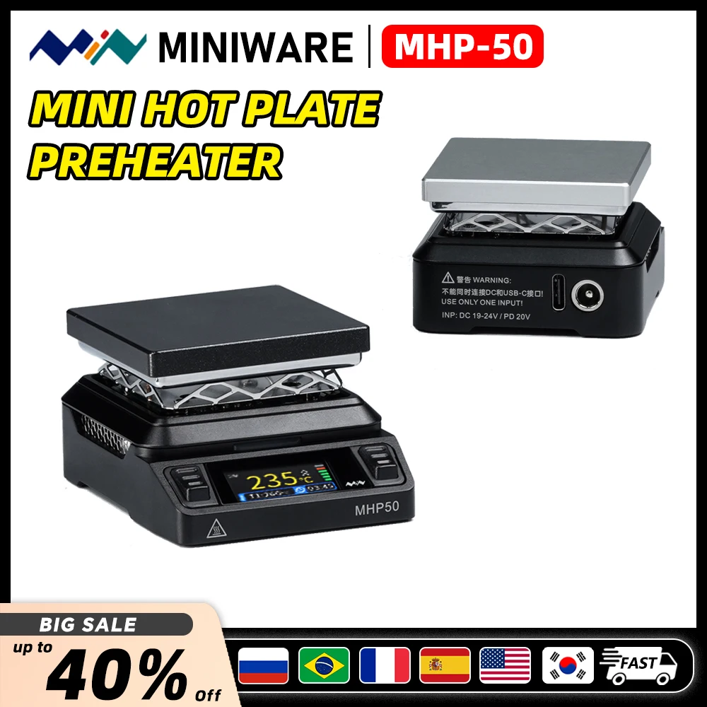 MINIWARE MHP50 Mini Hot Plate Preheater 50*50mm Heating Area Constant Temperature Heating Table 350℃ Intelligent Heating Tool